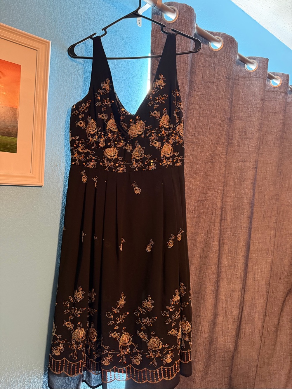 Coldwater Creek Embroidered Floral Sequin Chiffon sleeveless V-Neck Dress.